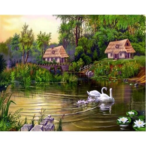 Full Diy Diamond Painting Cross Stitch swan lake Round Diamond Mosaic Kits Diamond Embroidery spring scenery Needlework Craft