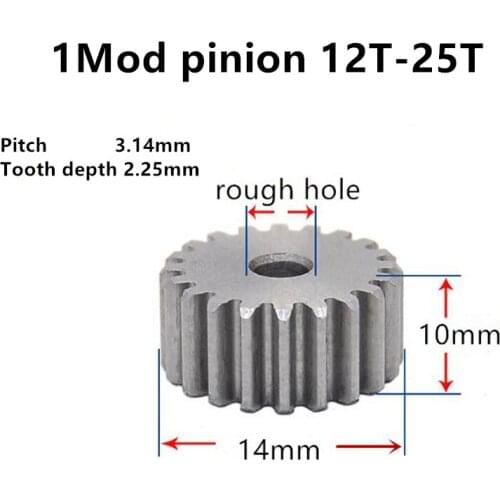 Spur pinion 1 Mod 12T- 25T Thick 10mm Rugh hole Straight Teeth 45# steel positive gear CNC gear rack transmission motor gears