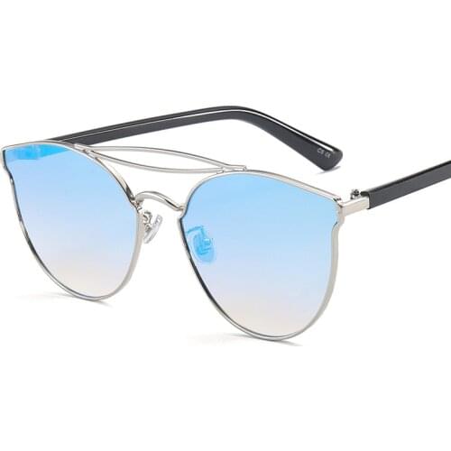 Blue Mirror Cat Eye Sunglasses Women New Fashion Vintage Glasses Shades Double Bridge Design Style Sun Glasses UV400 G17055