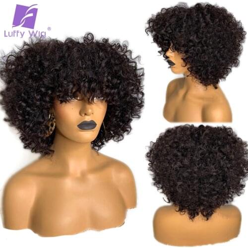 Bouncy Curly Human Hair Wigs With Bangs 200 Density Brazilian Remy Human Hair O Scalp Top Wig Glueless For Black Women Luffywig