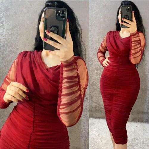 Vintage Long Sleeve Red V-Neck Muslim Evening Dresses Short Pleated Zipper Back Abendkleid Formal Party Gown for Women