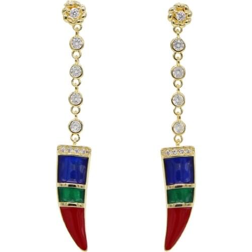 2019 summer top quality women punk colorful rainbow jewelry micro pave cz horn dangle earring gold filled enamel fashion jewelry