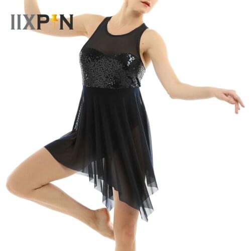 Women Ballet Dress Gymnastic Leotard Dress Sequins Asymmetric Mesh Criss Cross Back Mesh Dance Gymnastics Ballet Dancewear