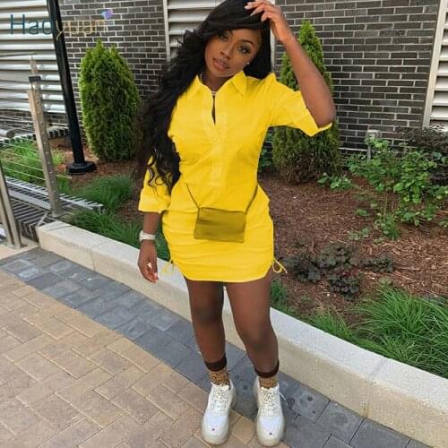 HAOYUAN Sexy Button T Shirt Dress Long Sleeve Drawstring Bodycon Top for Women Night Clubwear Outfits Fall Clothing Mini Dresses