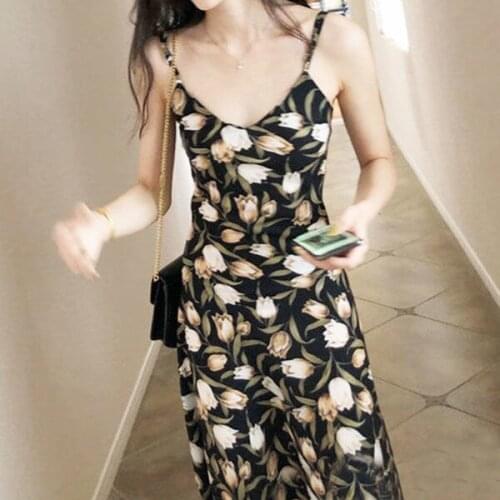 Fashion Nun French Retro Suspender Dress Floral Sleeveless V-neck Bohemian Dress Womens Summer