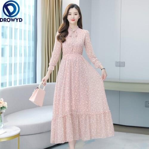Spring Autumn Elegant Floral Chiffon Beach Dresses 2021 Vintage Print Boho Pink Dress Women Fashion Bodycon Party Maxi Vestidos