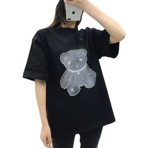Star Trend Personality Reflective Pearl Necklace Luminous Cartoon Bear Print T-Shirt Loose Casual Top Men Women The Same Style