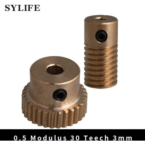 0.5 Modulus Brass Metal 3mm Hole Gear Shaft and 30 Teeth Worm Wheel Worm Gear Set