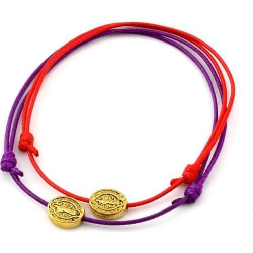 50pcs Wax Rope Weave Bracelet Antique Gold Medal Benedict Santa Cruz Crucifix Oval Beads Adjustable Cord Wrist Handmade DIY C-52