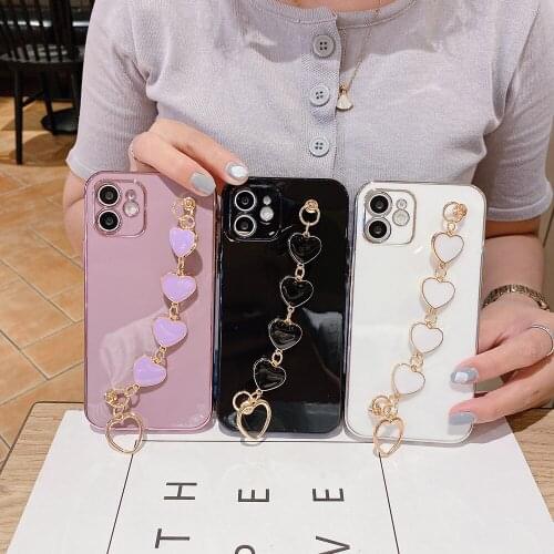 Love Heart Case With Bracelet Chain For iPhone 11 12 Pro Max XR XS Luxury Plating Soft Cover Shockproof