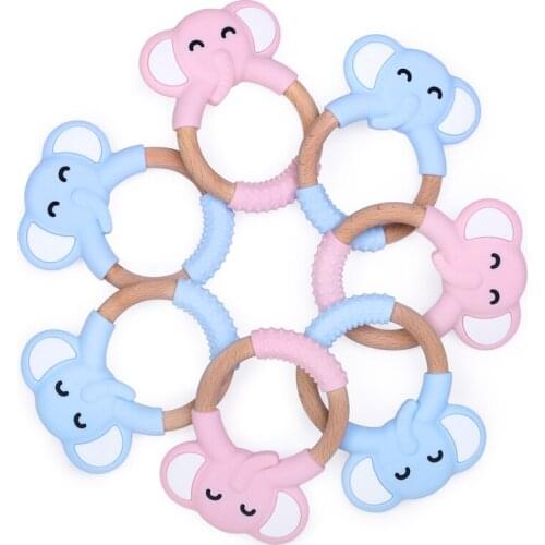 Chenkai 10PCS Baby Silicone Elephant Teether Wooden Ring Teething BPA Free For DIY Infant Chewable pendant Nursing Bracelet Toys