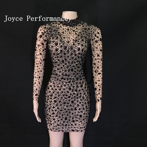 Black Rhinestone Transparent Dress Sparkly Stones Dance Wear Costume Female Singer Show Evening Short Dress