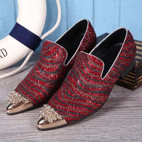 Christia Bella Big Size Golden Crystals Pointed Toe Male Red Sequins Stripe Real Leather Shoes Mens Fashion Party Dress Shoes