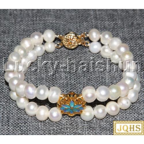 JQHS 8" 7mm 2row round white freshwater pearls cloisonne Beaded knotted Strand bracelet gold plated clasp j12114
