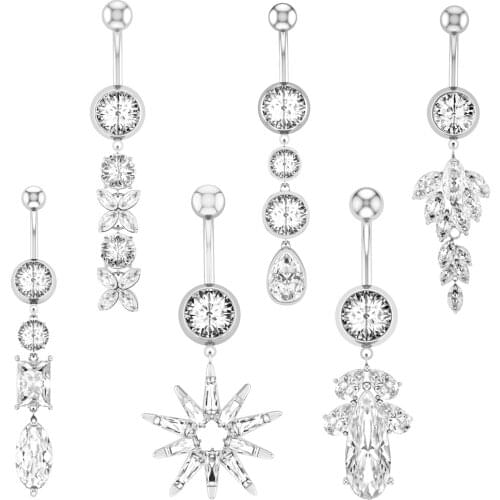 14ga 316L Surgical Steel Piercings Belly Button Rings CZ Crystal Navel Piercing Nombril Flower Dangled Body Jewelry For Woman