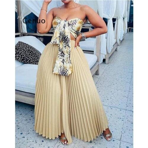 Women Sexy Tie-Up Bandeau Strapless Hollow Out Crop Tops And Pleated Long Skirts Two Pieces Set Female Fashion Outfits Clothing