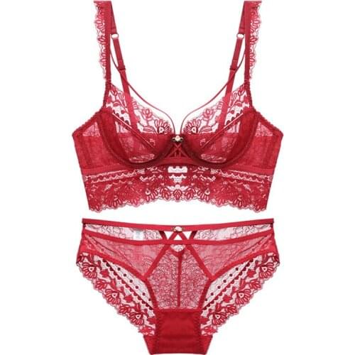 Fashion New Red Sexy Bra And Panty Sets Plus Size Floral Embroidery Lingerie Transparent Push Up Lace Underwear Women Set B C D