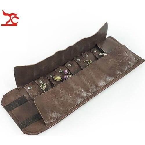 Mini Size PU Jewelry Display Storage Pouch Brown Fold-able Earring Stud Jewelry Organizer Exhibition Travel Roll Bag 15*10*5cm