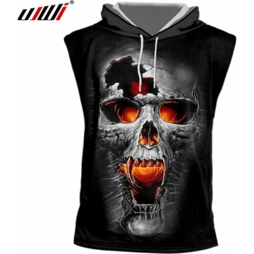 UJWI Men 3d T-shirts Black Cool Print Broken Skull Sleeveless Hooded Tshirt Homme Hip Hop Punk Crewneck Drawstring Shirts Hoody
