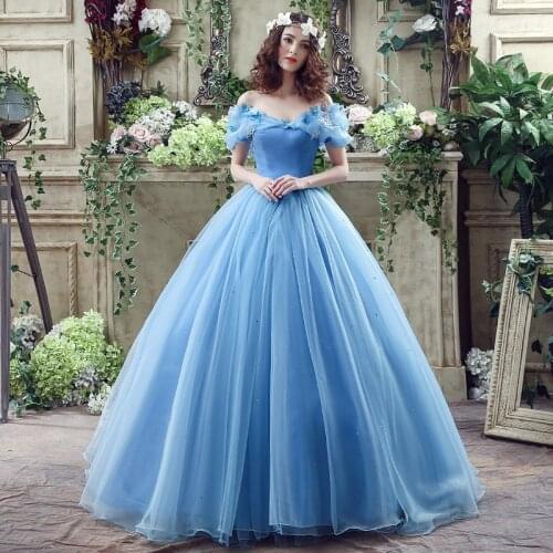 Stock BlueTulle Appliques Deluxe Cinderella Party Dresses Bandage Ball Gown Wedding Gown robe de mariee Vestido de novia