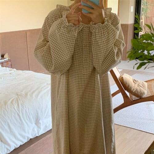 Sweet Sleepwear Nightgown Loose Korean Casual Plaid Home Clothes Vintage Long Dress Nightwear Homewear O-Neck Cotton Harajuku