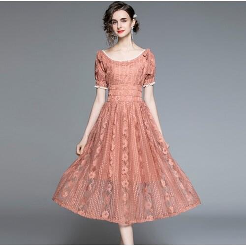 New Women Lace Dress Summer 2021 Elegant Fashion Young Style Square Collar Short Sleeve Empire Waist A-Line Slim Long Dress
