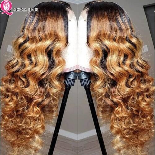 Queena Honey Blonde Loose Deep Lace Wig 1B/27 Ombre Human Hair Wig 4*4 Lace Closure Wigs For Women Remy Brazilian Hair Wigs 150