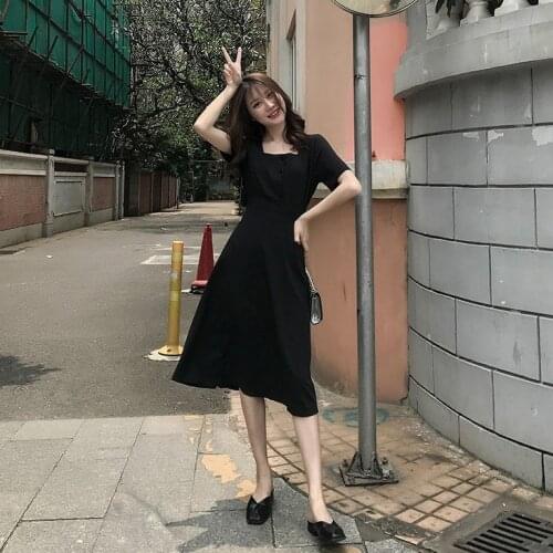 Summer Dress Soft Popular Summer Minimalist Female Midi Maxi Retro High Waist Skinny Square Collar Chiffon Pleated Leisure