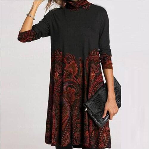 2020 Winter Turtleneck Warm Vintage Print Dress Women Autumn Elegant Long Sleeves Patchwork Dresses Female Casual Loose Vestidos