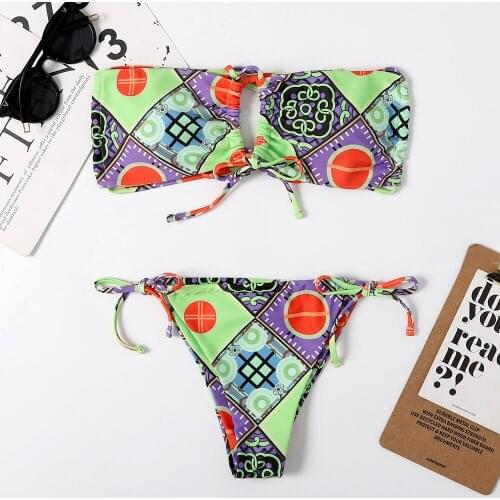 Sexy Bikini 2021 Bandeau Swimsuit Female Swimwear Women Mini Thong Bikini Set Bather Swimming Printed Beachwear Bathing Suit