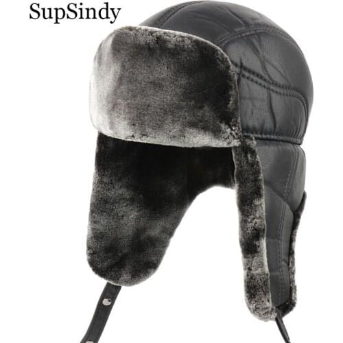 SupSindy Army Military Ushanka Men&Women PU leather Winter Bomber Hat warm Faux Fur Pilot Earflap Hats Trapper Thermal Snow Caps