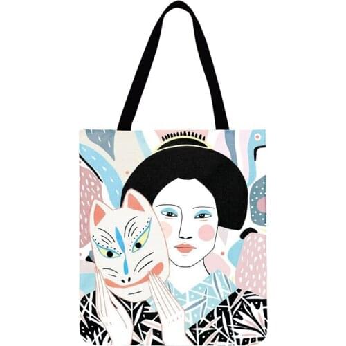 Outdoor Beach Bag Japanese Girl Painting Print Tote Bag For Women Casual Tote Ladies Shoulder Bag Foldable Shopping Bag Handbags