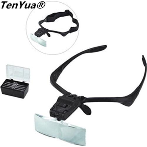 TenYua Headband Magnifying Glass Eye Repair Magnifier 2 LED Light 1.0/1.5/2.0/2.5/3.5X 5 Lens Glasses Loupe Optical Lens