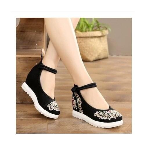 Women Canvas Increasing Height Ankle Strap Spring Autumn China Style Vintage Embroiders Wedges Heels Lady Buckle Shoes