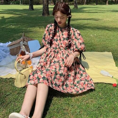 Woman Dress Printed Round Neck Short-sleeved Dress Female Summer New Style Korean Version of The High-waisted Thin A-line Skirt