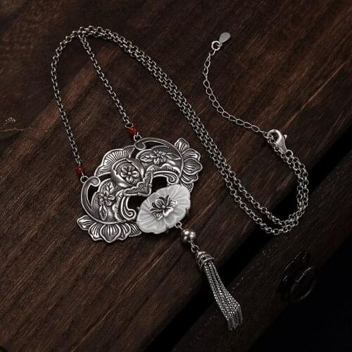 2018 Time-limited Ammonite,ammolite New S925 Pure Antique Mosaic And Tian Yu Lotus Tassel Lady High-end Pendant Chain Wholesale