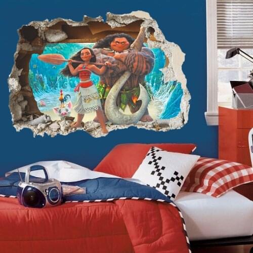 3d effect Moana through wall stickers for kids room cartoon movie vaiana wall decals pvc Moana Maui poster diy wall paper