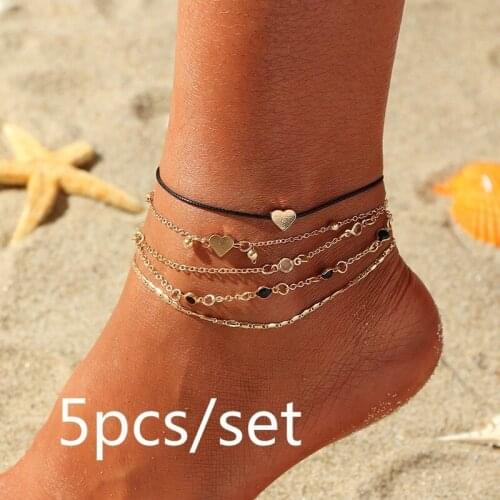 5Pcs/set of Multi-Layer Love Anklet New Chain Anklet Set Beach Fashion Simple Fashion All-Match Exquisite Gift for Lady