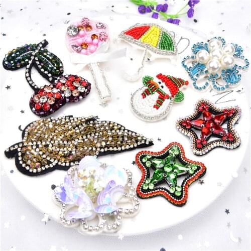5Pcs/Lot Handmade Patches Rhinestone Beaded DIY Decor Shoes Flower Crystal Cherry Star Snowman Sew On Clothing Brooch Applique