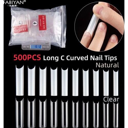 500Pcs Fake Nail Tips C Curved Stiletto French Acrylic False Nails Half Cover Manicure Tool ABS Artificial 0 -9 Clear Natural