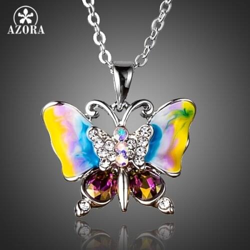 AZORA Unique Design Multicolour Stellux Austrian Crystals Oil Painting Pattern Butterfly Pendant Necklace TN0161
