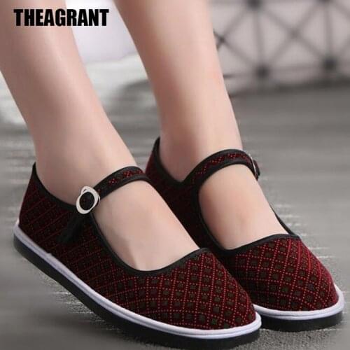 THEAGRANT Shoes Woman 2019 Spring Autumn Mary Janes Cotton Fabric Woman Flats Retro Gingham Chinese Old Peking Shoes WFS2008