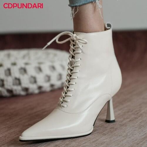 Sexy Black White Genuine Leather Stiletto High Heels Ankle Boots Women Autumn Winter Short Boots Party Shoes Bottines Femme