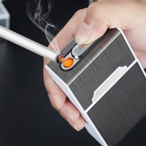 NEW Portable Plasma Cigarette Case Lighter USB Charging Lighters Smoke Box 20 Pack Unusual Cigarette Case Smoking Accessories