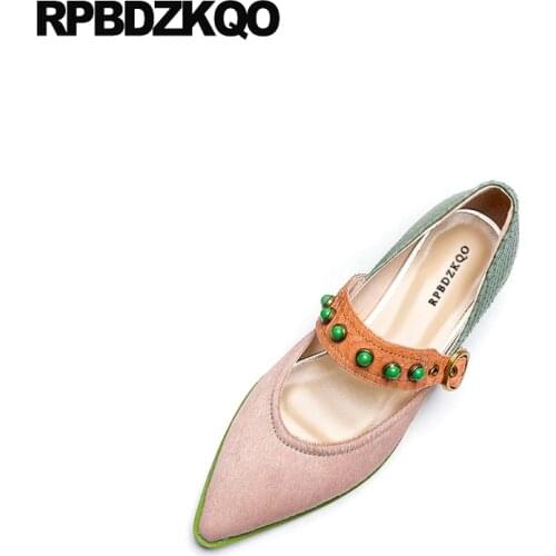 Black chinese luxury pointed toe stud pink women low heel rivet 2018 genuine leather mary jane ladies designer shoes china snake