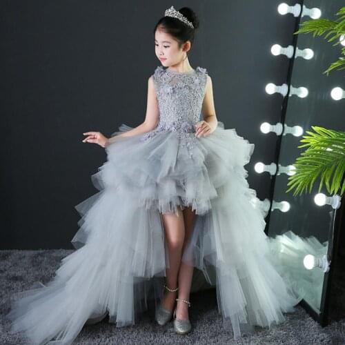 Kids Dresses Girl Long Trailing Prom Gray Tulle Gowns Appliques Lace New Children Graduation Dress Teen Wedding Bridesmaid Robe