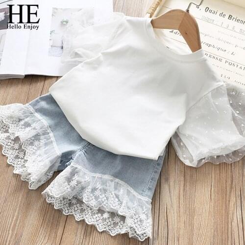 HE Hello Enjoy Baby Girls Clothes Sets Summer Bubble Sleeve Top + Lace Stitching Denim Shorts Children Clothing Casual Outfit