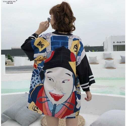 Japanese Men Printed Black Kimono Women Harajuku Hip Hop Fashion Casual Streetwear Jacket Summer Cardigan Men Yukata Beach Coat