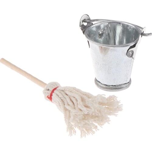 1:12 Scale Dollhouse Miniature Kitchen Garden Mop Bucket Classic Pretend Play Furniture Cute Toys Creative Gifts Presents