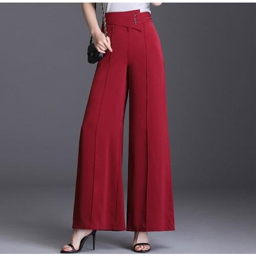 Fashion Summer Wide Leg Pants Female Vintage Solid Color Wide Full Length Pants Womens Casual Ladies Long Trousers Plus Size
